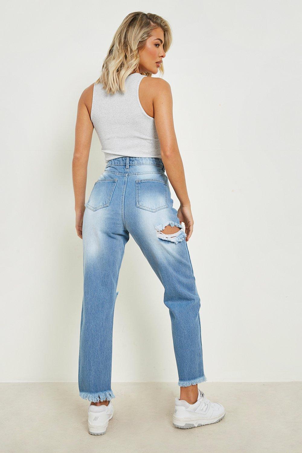 Frayed Hem Distressed High Waist Mom Jeans